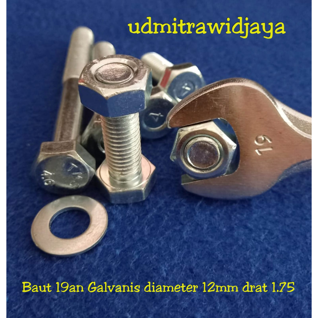 Baut kunci 19 19an baut mur galvanis M12x100mm drat P1.75 standart panjang 1cm 2cm 3cm 4cm 5cm 6cm 7cm 8cm 9cm 10cm baut galvanis M12 12mm kunci 19an 12mm 19mm baut rak susun baut pagar baut bak truck baut as giling baut perkakas rumah
