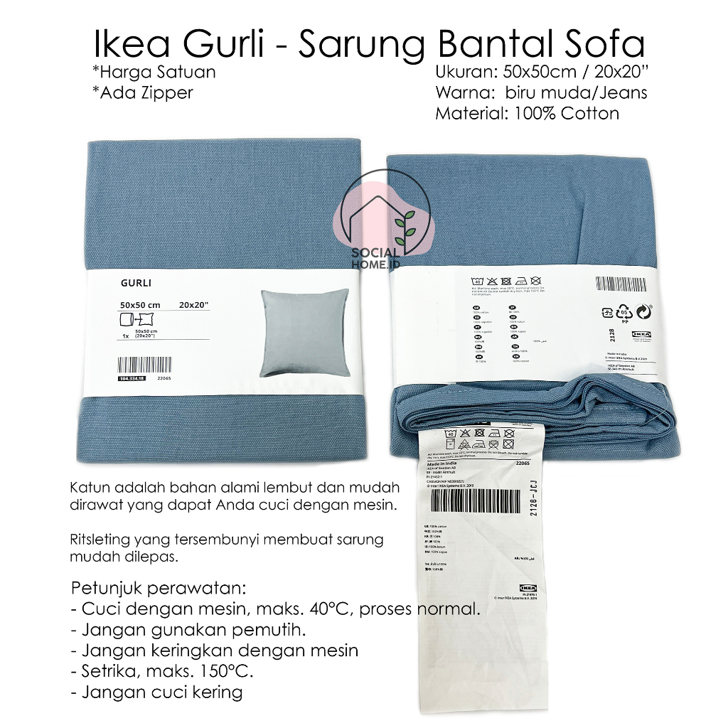 Ikea Gurli - Sarung Bantal Pillow Case Sofa - Biru Muda 50x50cm 20x20"