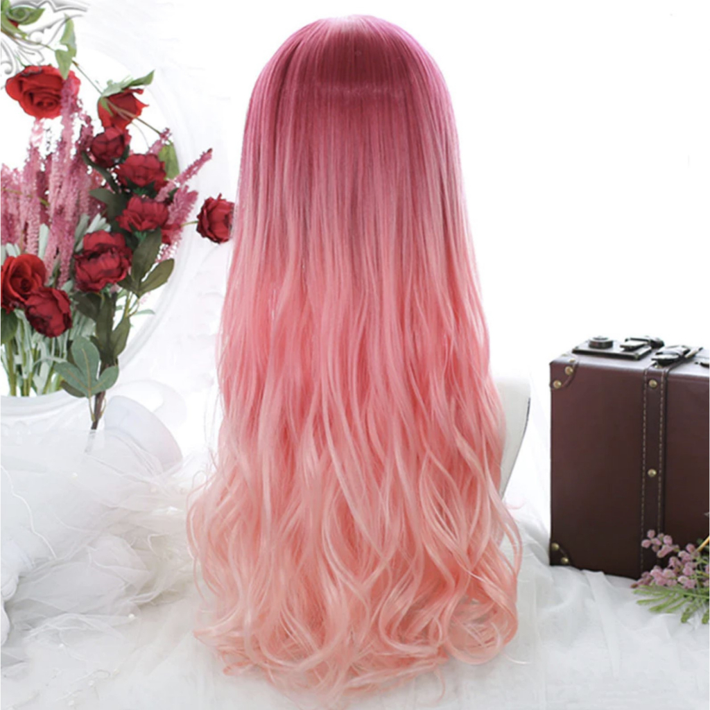 LOL-17 wig rambut palsu lolita cosplay harajuku daily kpop idol merah gradasi pink rose