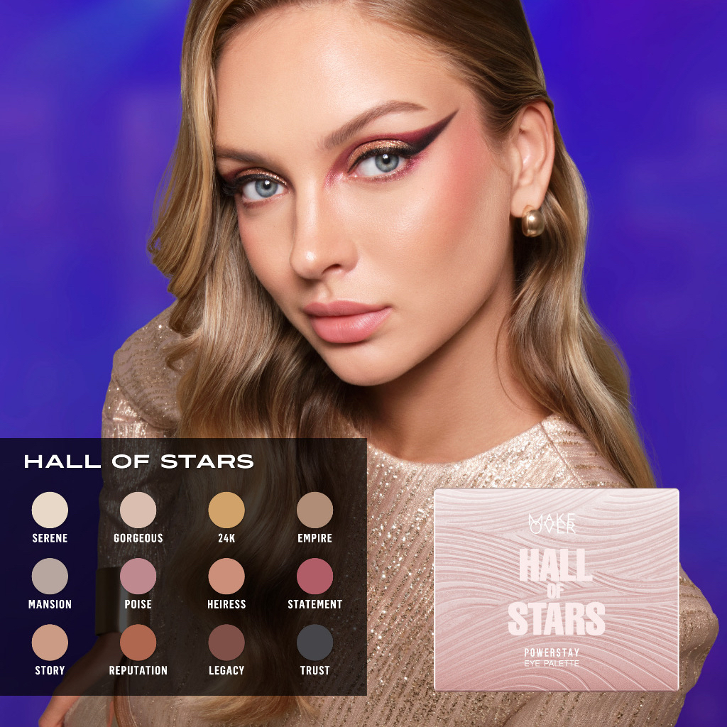 MAKE OVER Powerstay Eye Palette Indonesia / Eyeshadow Palette 12 x 1.5g / 100 Eye Looks / Blendable And Buildable / Opthamonologically / Stay Pigmented 12H / Non Comedogenic Acnegenic / Shade Futurist Gleam Hall Of The Stars / Cosmetic Eys Make Up Series