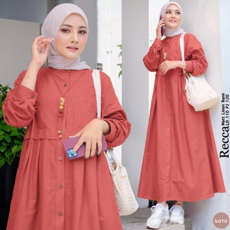 Baju Dress Wanita Muslim Terbagus Kekinian 2023 New Recca Midi Dress Gamis Linen Rami Busui Kancing Depan Fashion Muslim Kekinian Gamis Wanita Muslim Long Tunik Outfit Terbaru