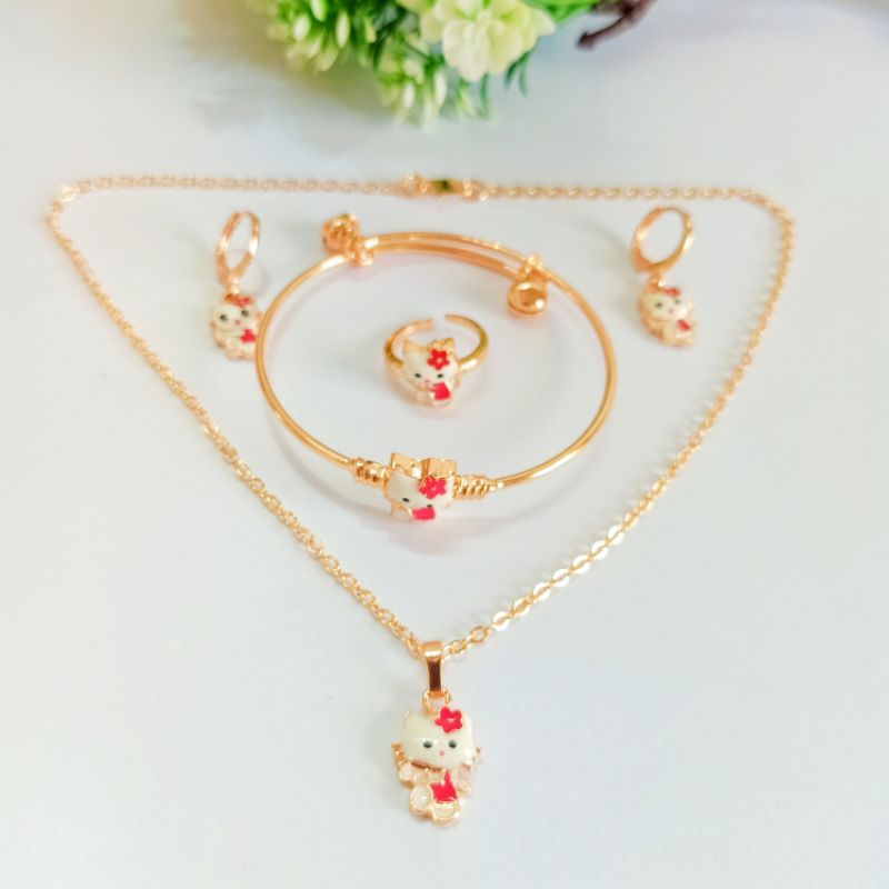 PAKET PERHIASAN SET ANAK/AKSESORIS ANAK 4IN1 KALUNG,GELANG,ANTING,CINCIN HELLO KITTY