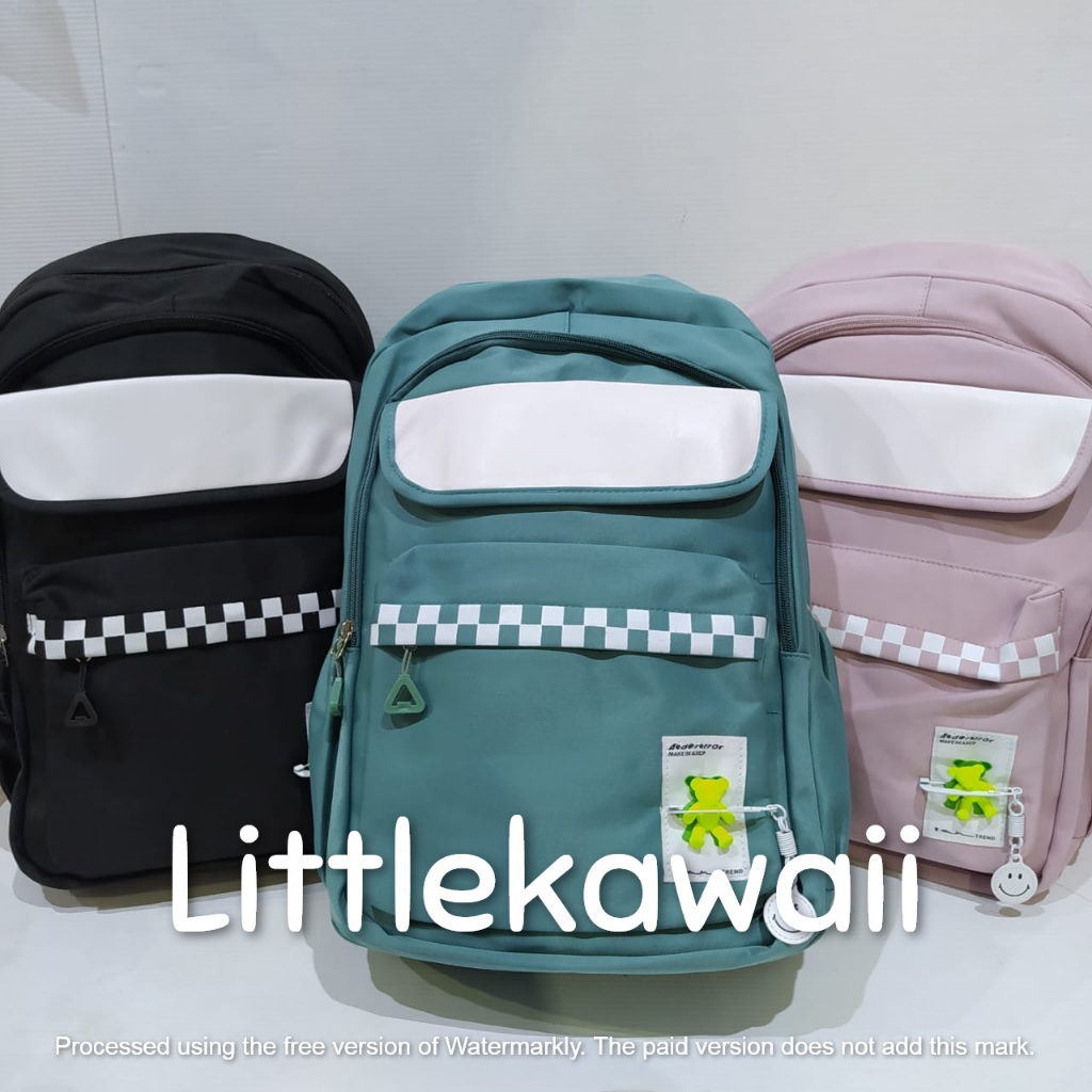 LK/Tas Ransel Laptop Backpack Parasut Sekolah Fashion Korean Style Anak Remaja Dewasa Pin Bear Smile Kantong Depan Import