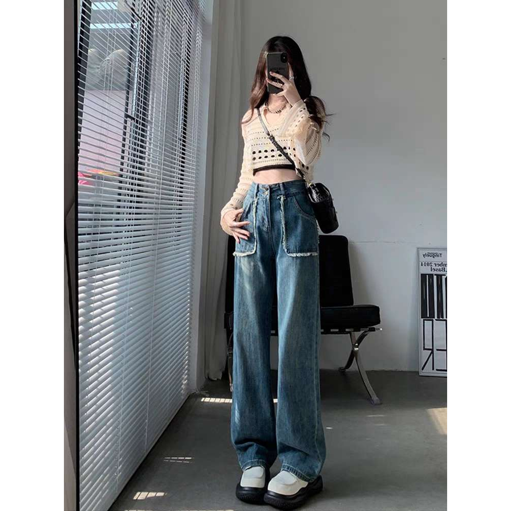 High Waist Jeans Korean Style Slimfit Retro Celana Loose Jeans Wanita