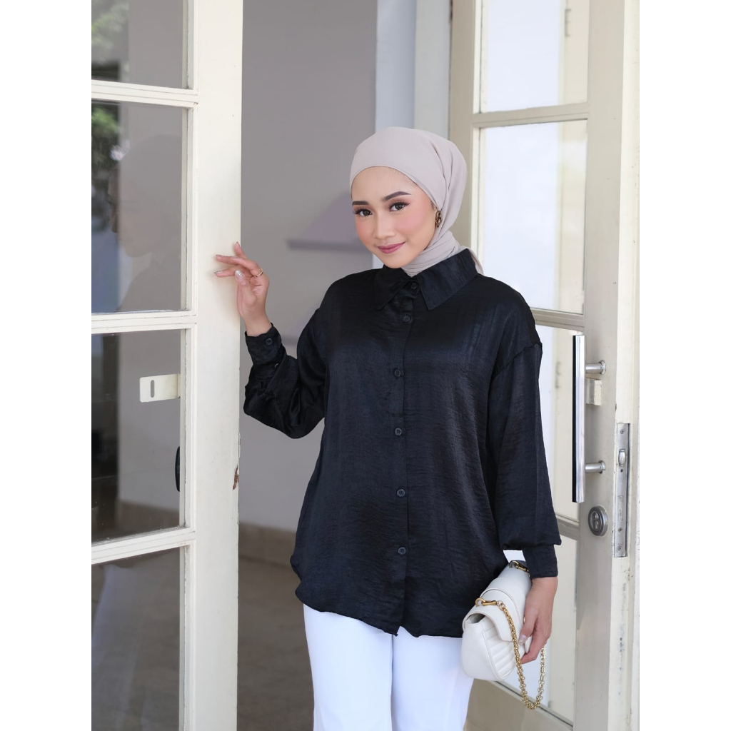 Kemeja Shimmer - Kemeja Wanita - Kemeja Oversize Wanita - Premium Santorini Silk Atasan Lengan Panjang Kancing Depan Lengan Balon