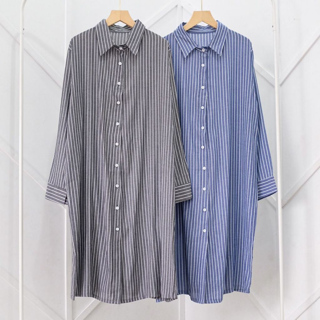 Meisa Long Shirt - Long Shirt Wanita - Long Shirt Dress - Katun Yanded Kemeja Panjang Full Motif Salur Ld 110cm Kancing Aktif