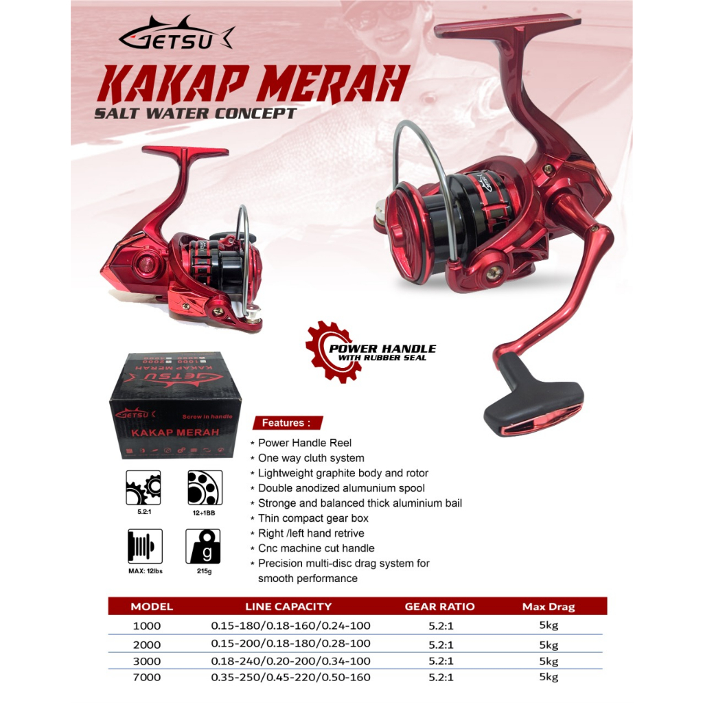 Reel Pancing Getsu Kakap Merah 1000 - 3000 (12+1 Bearing) Seal bearing Power Handle - Engkus Fishing