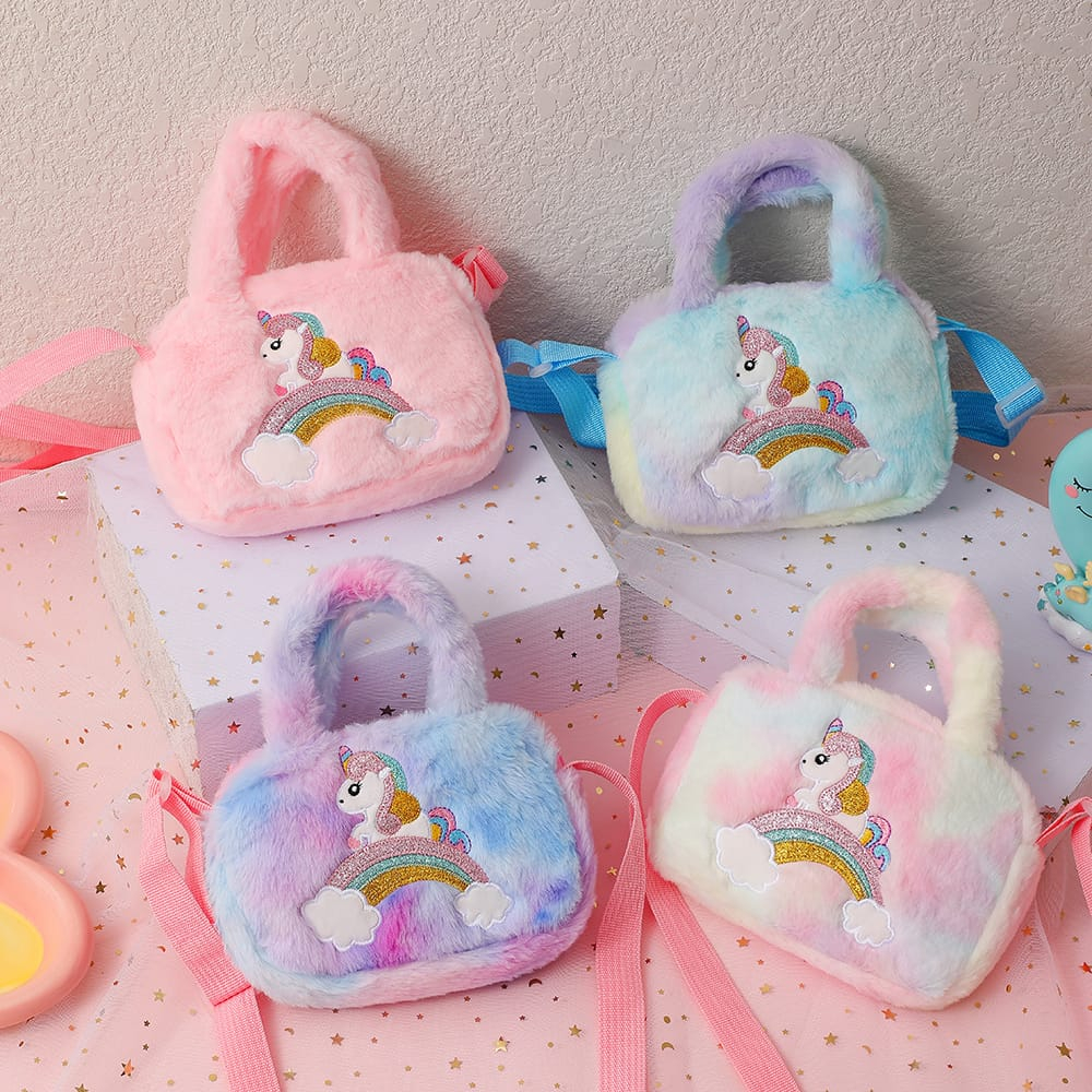 Tas Selempang Bulu Unicorn Awan Pelangi Sling Bag Unicorn Bulu Anak Perempuan Paud Tk Hadiah Anak Cewe Import Berkualitas