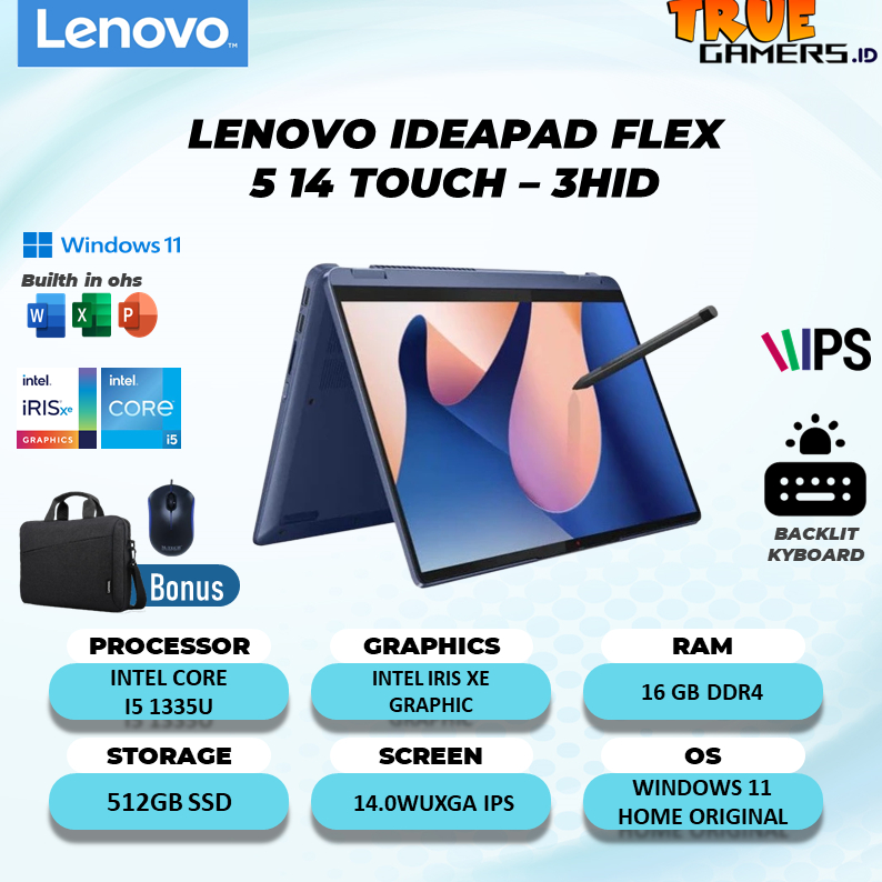 Lenovo Ideapad Flex 5 14 TOUCH I5 1335U 16GB 512SSD IRISXE W11+OHS 14.0WUXGA IPS 2IN1 BLIT PEN