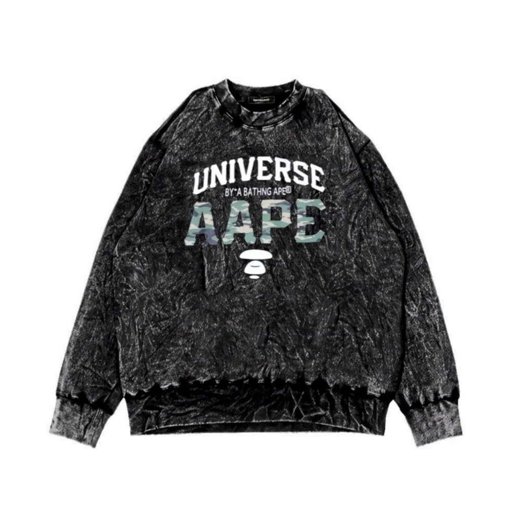 Sweater Crewneck Sandwash AAPE Universe - Sweathirt Washed Font Sablon Pria Wanita Premium