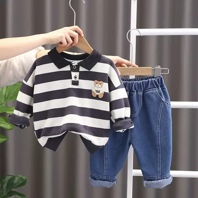 Baju anak anak Motif bear salur brown &amp; navy lengan panjang untuk usia 6 bulan - 5 tahun baby boy keren