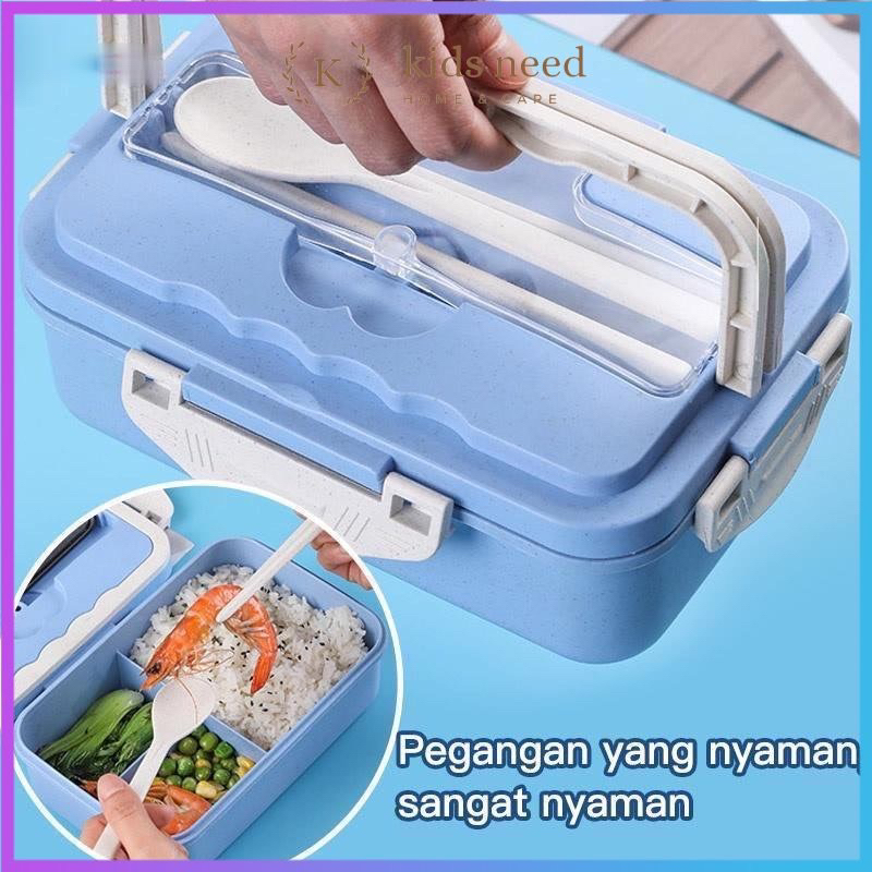 Kotak Makan Gagang Set Free Sendok Sumpit / Lunch Box Kotak Bekal Jerami Gandum