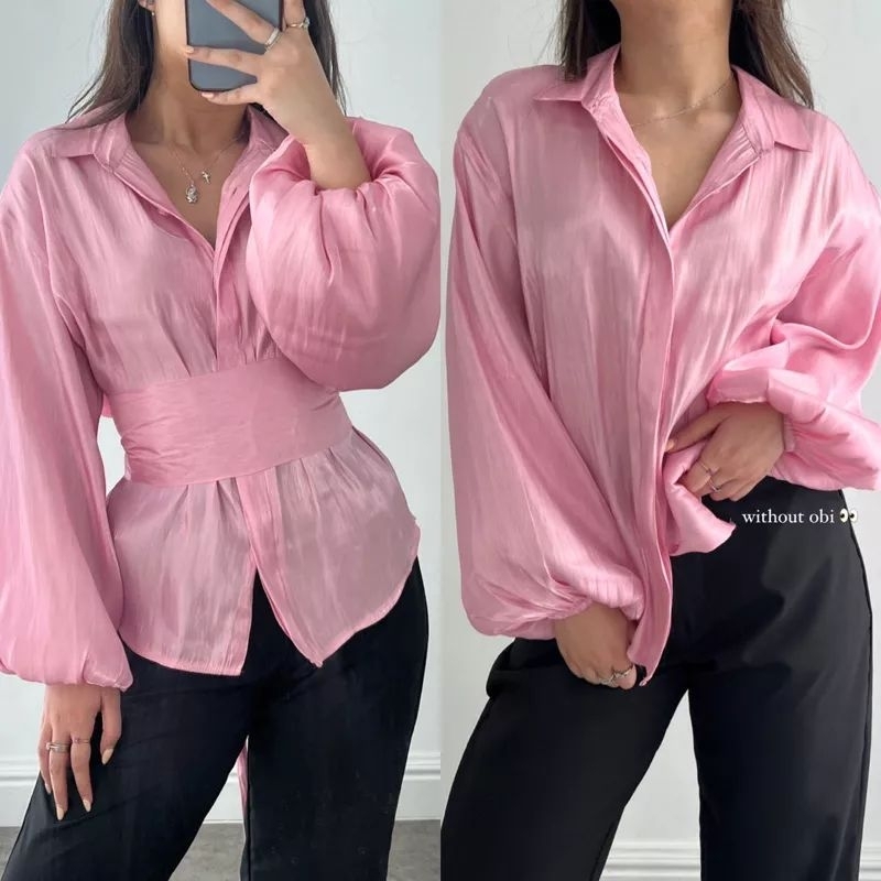 Tamstore Blouse Kemeja Wanita Shimmer Lengan Balon Variasi Belt Rebeca