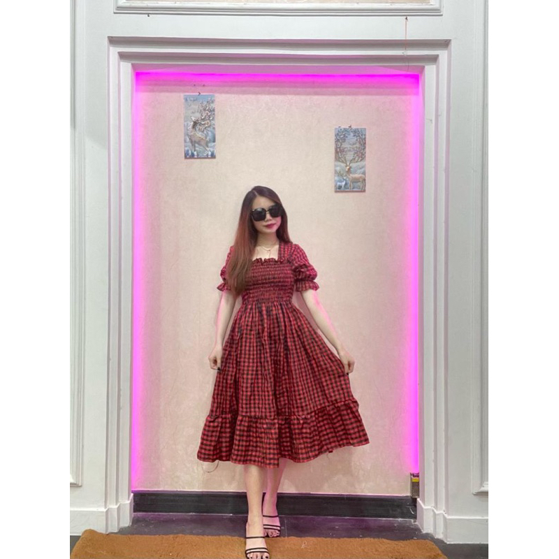 RD FASHION - SMOCKED DRESS / Gaun musim panas kasual baru Lengan pendek smocked dress lipit bunga dengan dasi belakang / gaun kasual A-line gaun smocked berlipat bunga lengan pendek-KOTAK BESAR MERAH