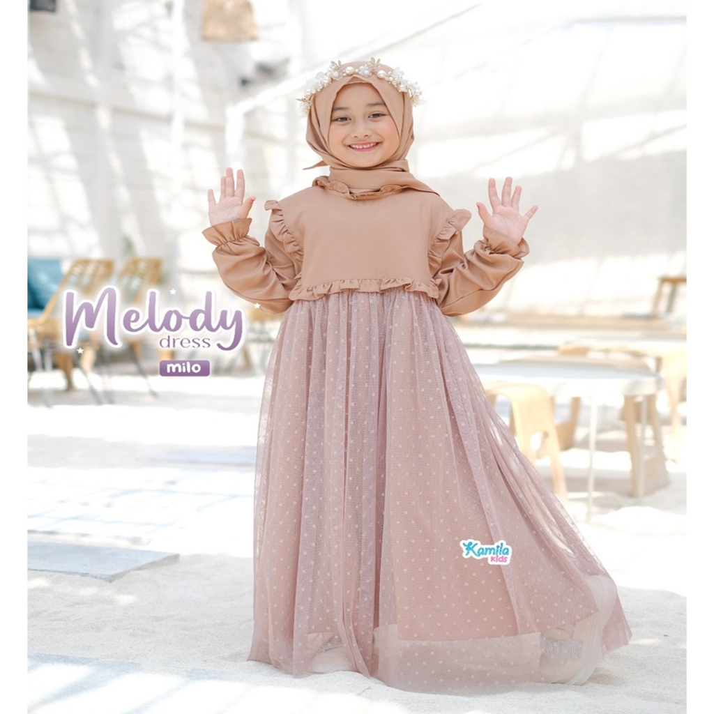 Brukat Anak Gaun Perempuan Melody Kids Gamis Muslim Anak Perempuan Set Hijab Koleksi Terbaru 2023 Baju Brokat Tille Simple Elagan Gamis Wanita