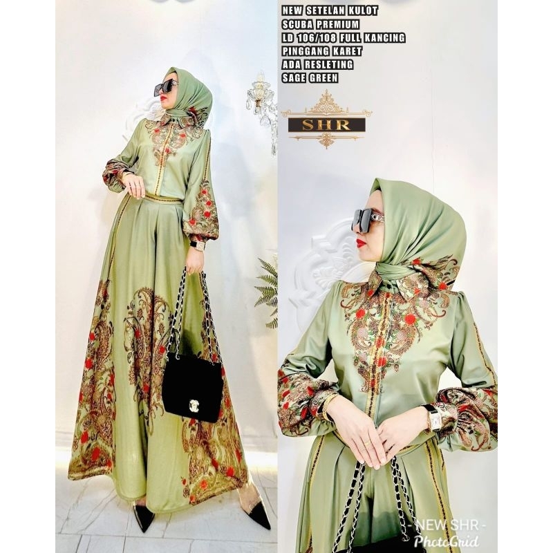 READY STOK  COD  NEW SHR ORI 100% SET CELANA SETCEL setelan KULOT scuba SAGE GREEN SYAHIRA