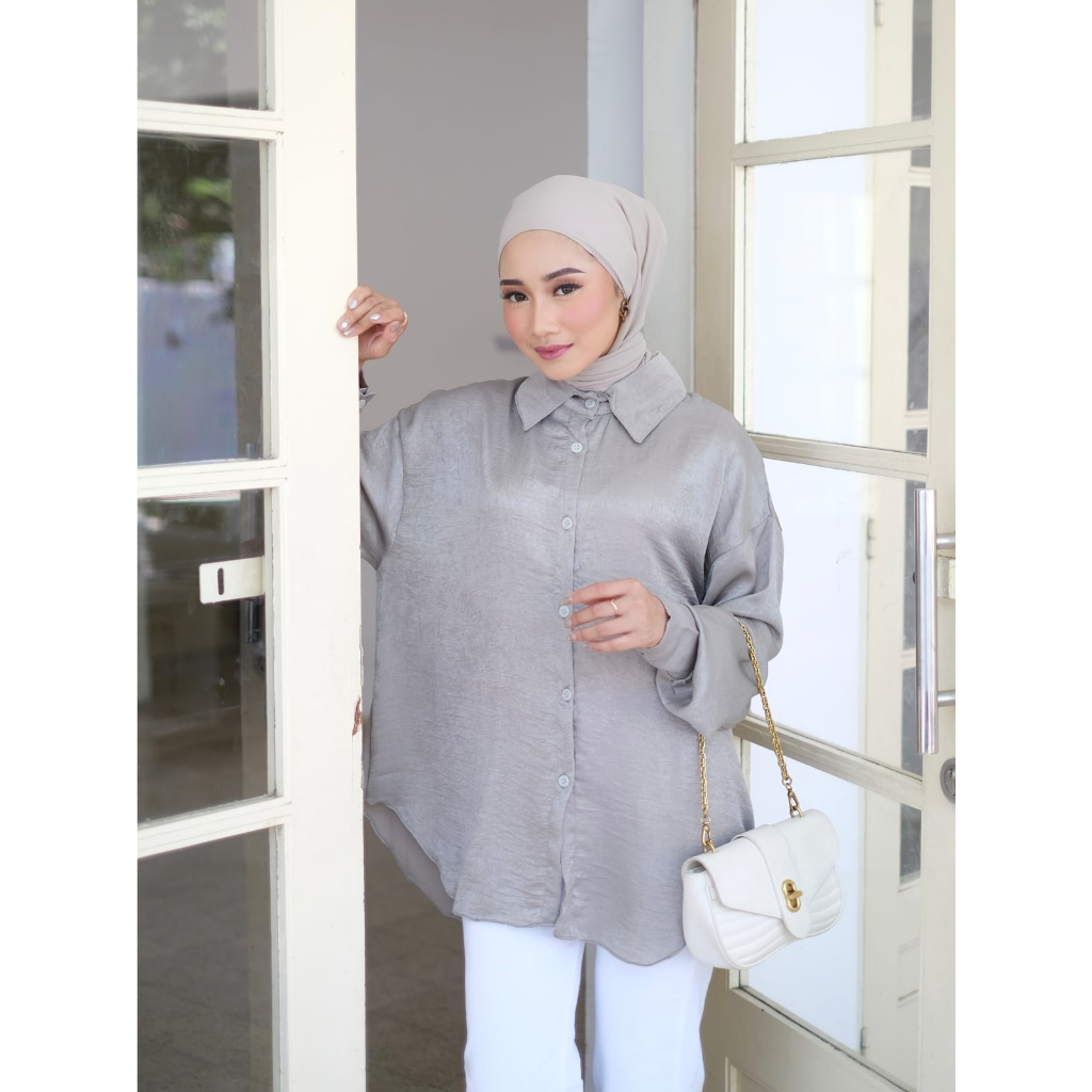 Kemeja Shimmer Polos Atasan Wanita Dewasa Casual Bahan Santorini Silk Premium Size L XL Jumbo / Pakaian Wanita Atasan Busui Simpel Mewah Terbaru