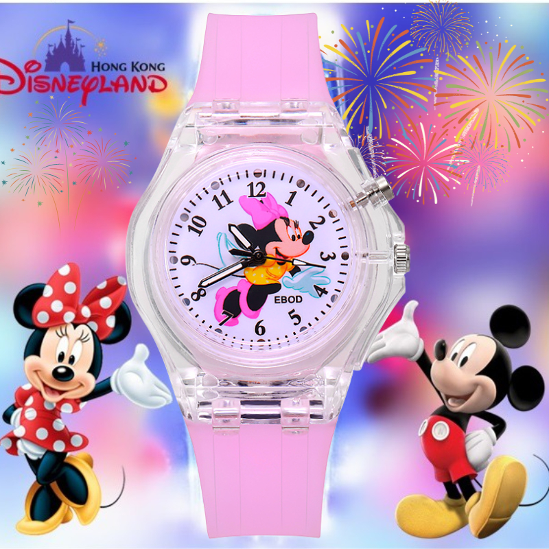 Jam Tangan Anak-anak Disney series Jam tangan anak perempuan Minnie &amp;Mickey Glowing Melody Kartun Mahasiswa Kulomi Balita Bayi Warna-warni Berkedip  Jam Tangan Elektronik