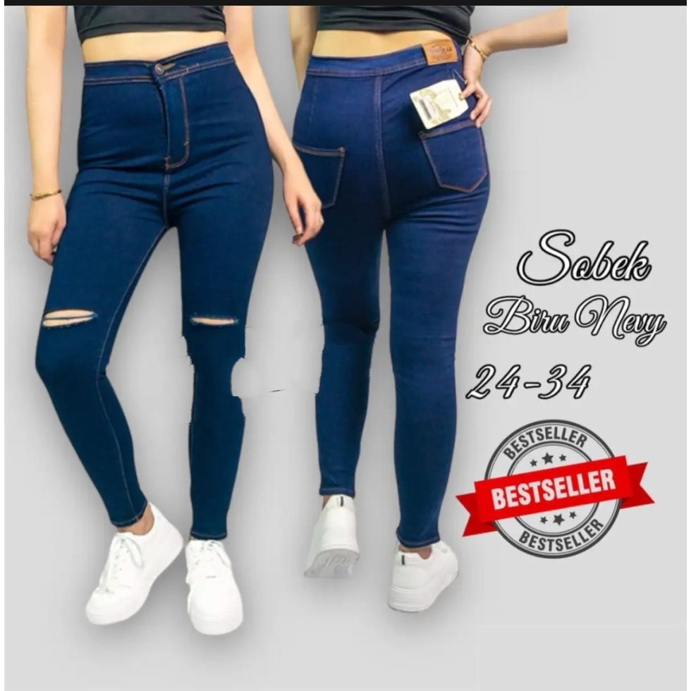 Celana jeans wanita Sobek lutut-Celana jeans wanita terbaru-celana jeans-celana Hw wanita-celana hight waist-Bisa COD-celana terbaru jeans wanita