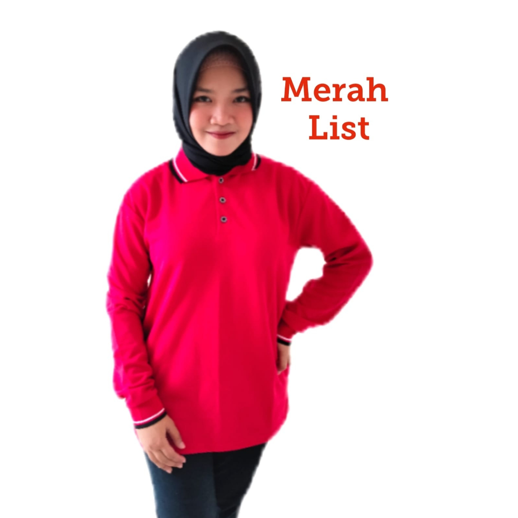 Kaos Kerah Lengan Panjang Wanita FO LIST warna Merah List - Kaos Kerah Perempuan Lengan Panjang - Me