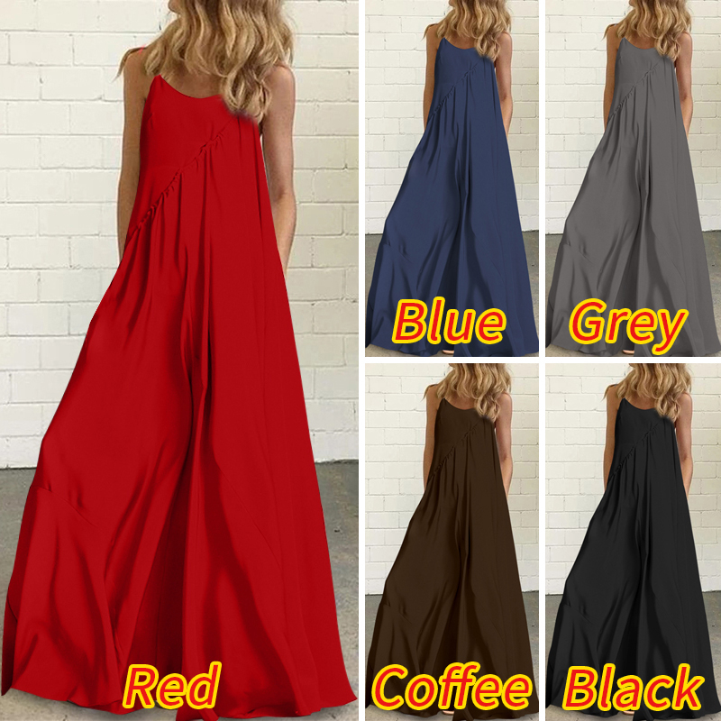 Women Loose Sleeveless Strap Vintage Maxi Dress