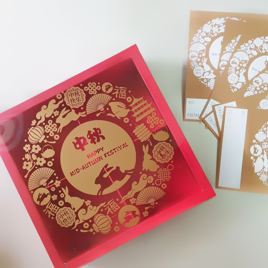 

5 pcs box kotak kue bulan dus packaging mooncake 75 - 100 gram sekat 4 motif mid autumn ukuran 18 x 18 x 5 cm