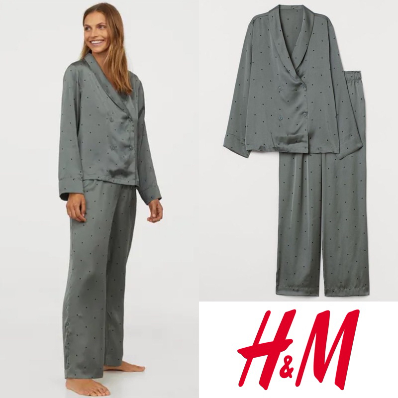 h&m hnm hm satin green dot pajamas piyama set baju tidur
