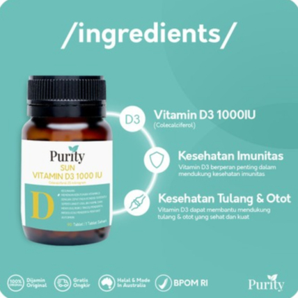 [BPOM] Purity Sun Vitamin D3 1000 IU 90 Tablet / Vitamin D3 / Vitamin daya Tahan Tubuh / Multivitamin / MYMOM