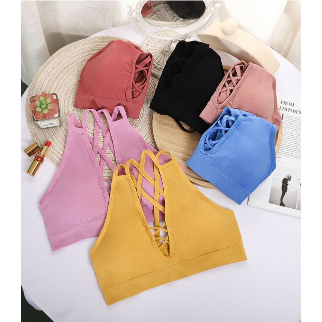 DF BR404 Bra Olahraga Silang V-neck Seksi Wanita Bra Kebugaran Yoga Atasan Tanpa Kawat