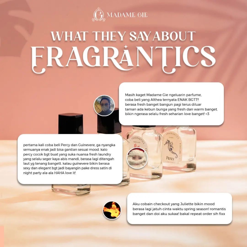 MADAME GIE Madame Fragrantics Perfume Indonesia / Eau De Parfume Unisex 30ml / Fragrance EDP / Long Lasting Tahan Lama / Variasi Althea Juliette Percy Guinevere / Pengharum Pewangi Minyak Wangi Harum Tubuh Badan / Skincare Body Care Series / EDT Toilette