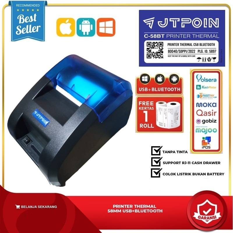 PRINTER BLUETOOTH THERMAL 58MM JTPOIN untuk Kasir, Token PLN, Pulsa, PPOB