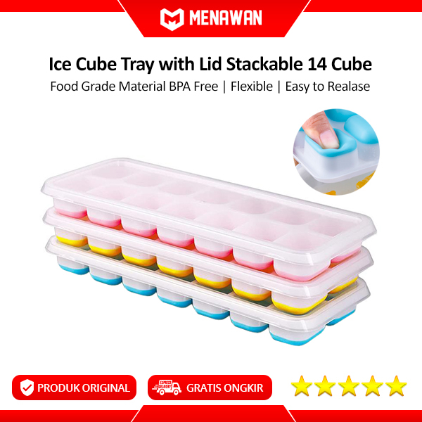 Silicone Ice Tray Food Grade BPA Free Cetakan Es Batu Kulkas 14 Grid Lengkap Penutup Original