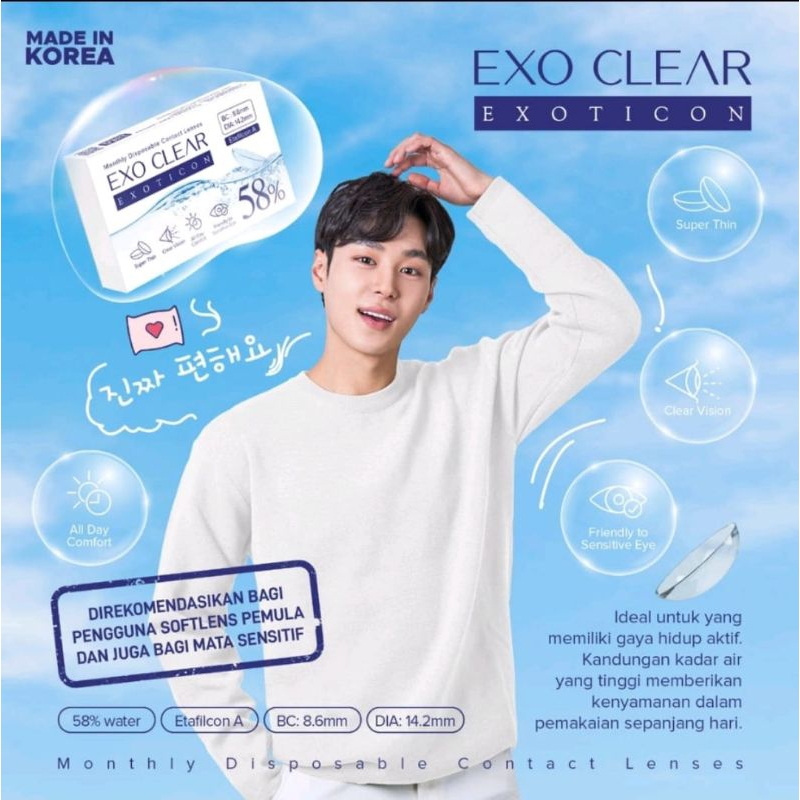 Softlens bening EXO CLEAR softlens clear/softlens bening 1 pasang dia 14,2mm kadar air 58% (-0.50 s/d -10.00) by X2 EXOTICON