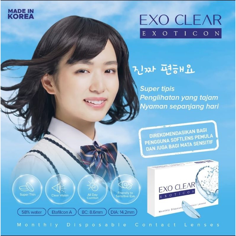 Softlens bening EXO CLEAR softlens clear/softlens bening 1 pasang dia 14,2mm kadar air 58% (-0.50 s/d -10.00) by X2 EXOTICON