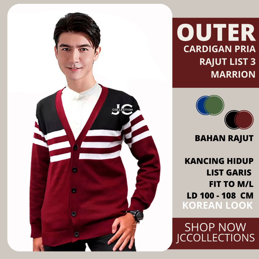 Outer Kardigan Cowok Motif List 3 Warna / Cardigan Rajut Pria Korean Look Variasi Garis Tritone JCCollections