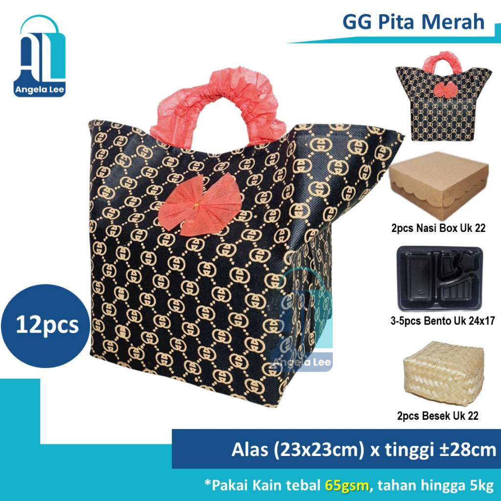 12pcs Tas Kain Spunbond Pita Tebal utk 2dus nasi 22x22 box Hajatan Syukuran Parcel Goodie Bag