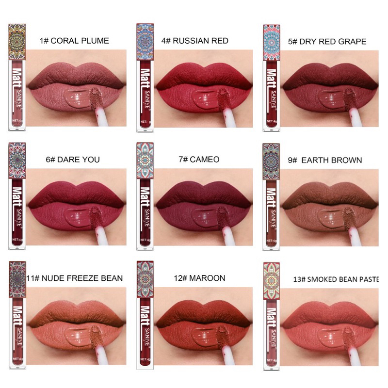 【BPOM】 SANIYE - Matte Lipcream Batik 4 Gram Highly Pigmented Intense Lipstik Liptint Liquid Lipgloss Lip Matte Velvet Glaze Korean Murah Tahan Air Waterproof Transferproof Dorable Natural Nudes Viral Official Produk L1181