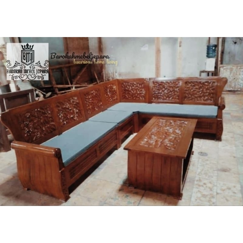 kursi sudut jati ukiran seribu daun