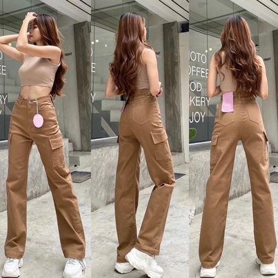 Celana Cargo Jeans Wanita Highwaist Kantong Kimpul 2 Warna choco Cream