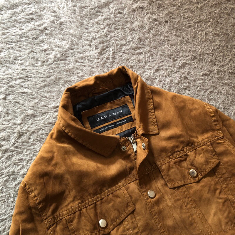ZARA Man Suede Leather Trucker Brown Jacket Original - Jaket Kulit Suede Zara