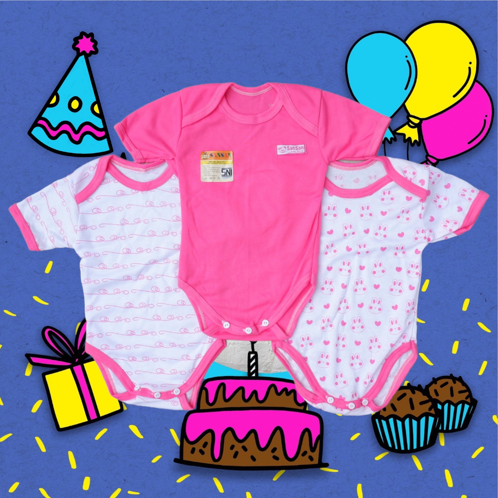 Isi 3 Jumper Jumpsuit Bodysuit Bayi Serian Pink