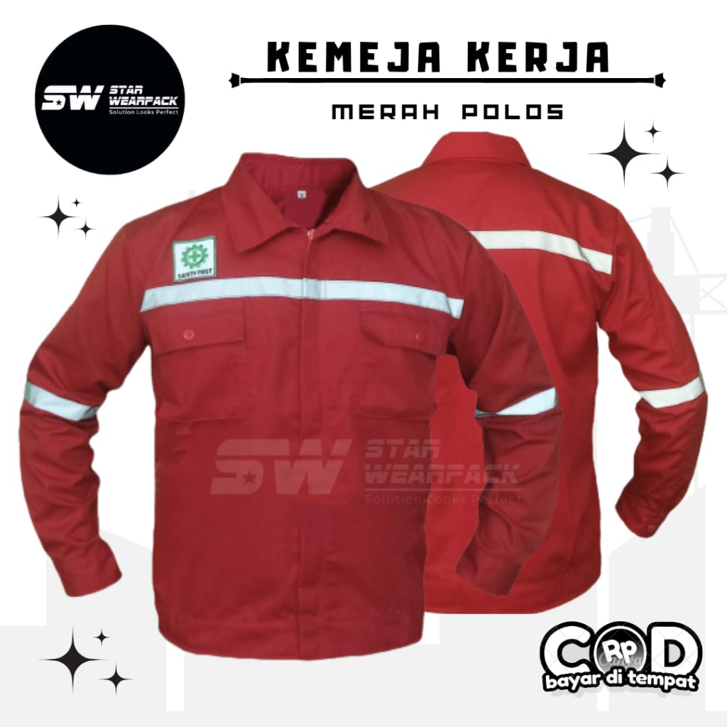 Star Wearpack - Baju Proyek Seragam Kerja Lapang Warna Merah Polos Lengan Panjang