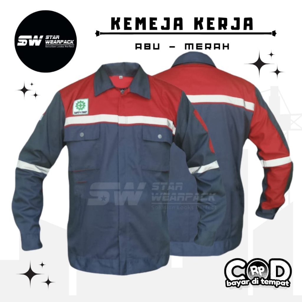 Star Wearpack - Seragam Kerja Proyek Lengan Panjang Warna Abu Kombinasi Merah