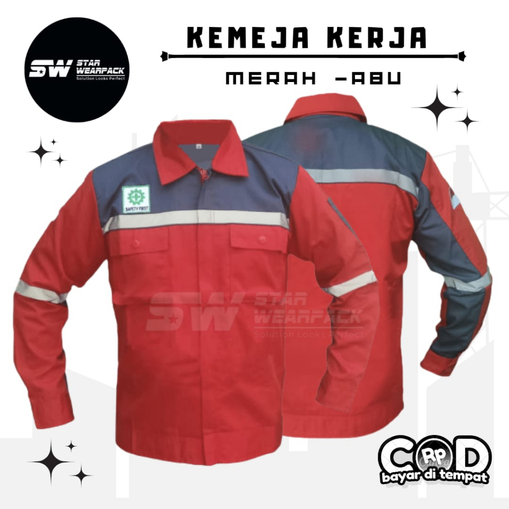 Star Wearpack - Baju Wearpack Seragam Kerja Model Resleting Warna Merah Kombinasi Abu