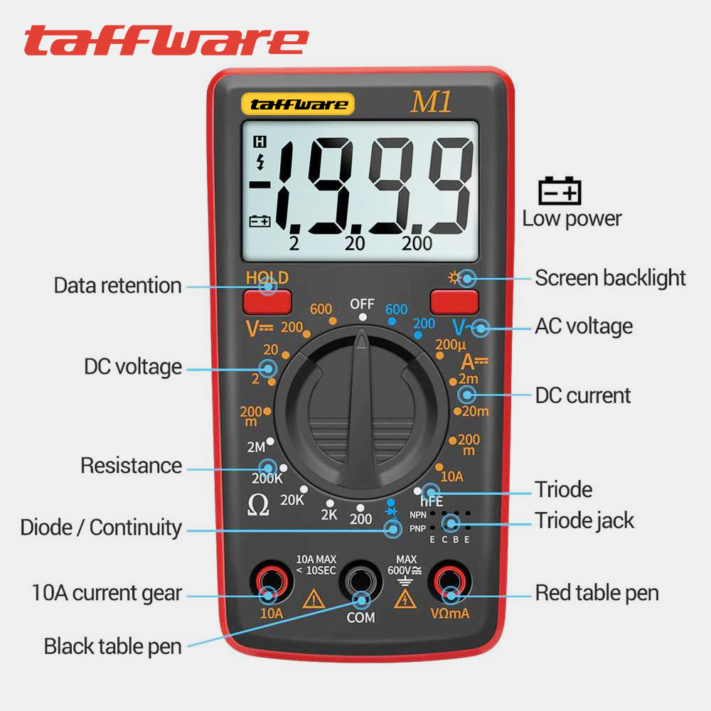 Taffware Digital Multimeter Voltage Tester - M1 - Black/Red