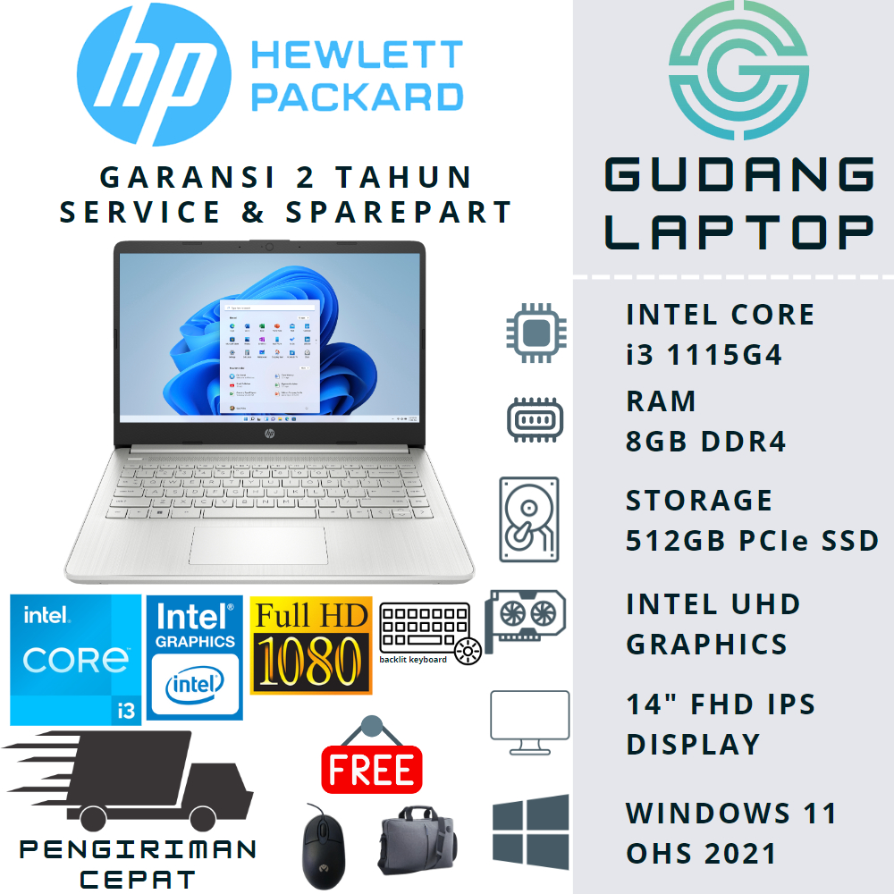 LAPTOP BARU HP 14 INTEL CORE i3 1115G4 RAM 8GB 512GB SSD FHD IPS BACKLIT WINDOWS 11