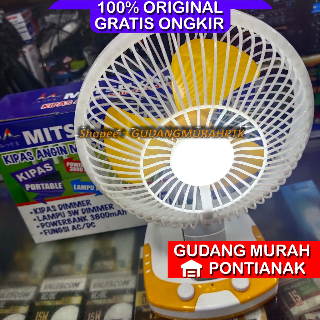 Kipas Angin Meja dan Dinding Lampu Portable Besar USB 8 Inch Mitsuyama MS-5539 Kipas Charge Desk fan + Emergency Lamp