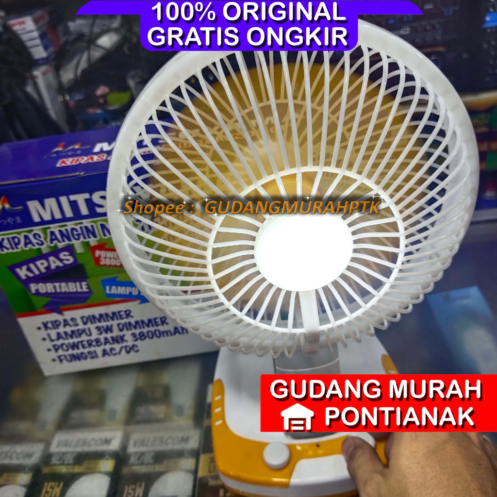 Kipas Angin Meja dan Dinding Lampu Portable Besar USB 8 Inch Mitsuyama MS-5539 Kipas Charge Desk fan + Emergency Lamp