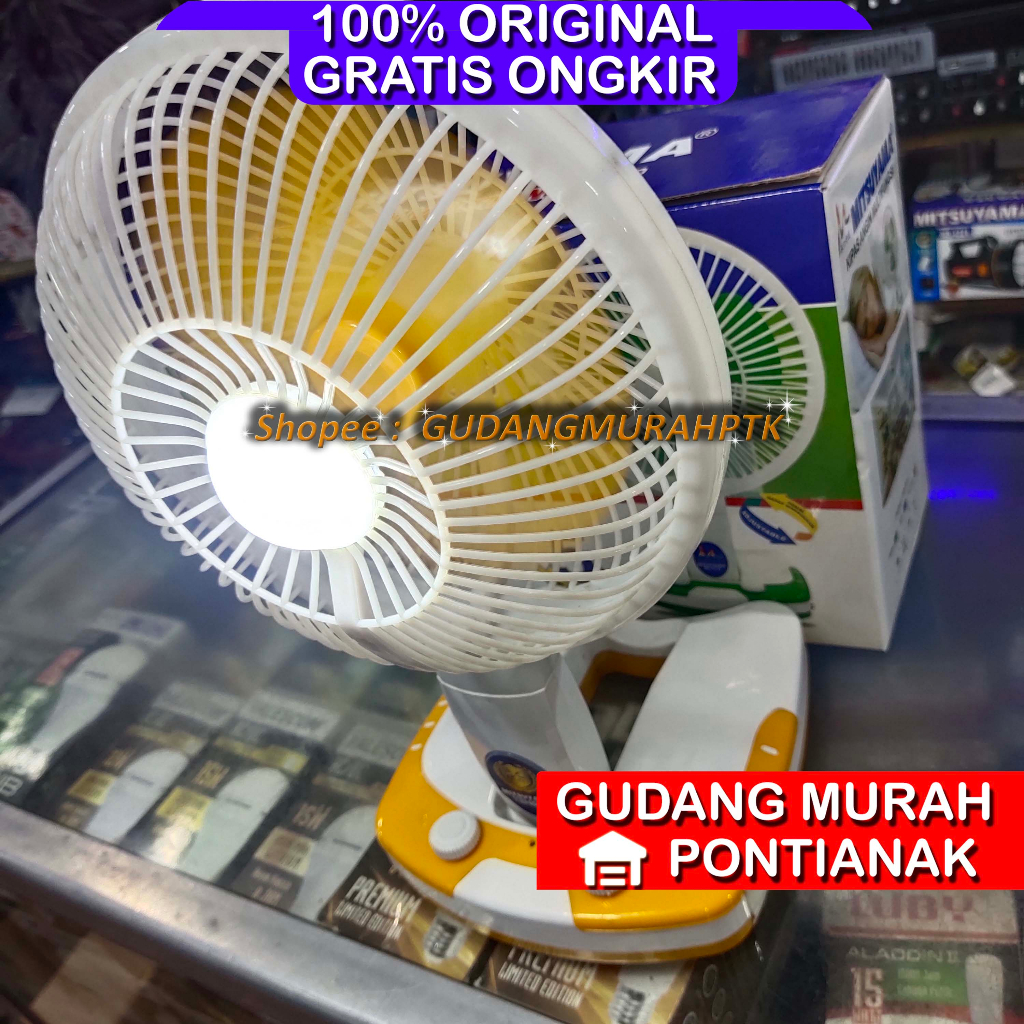 Kipas Angin Meja dan Dinding Lampu Portable Besar USB 8 Inch Mitsuyama MS-5539 Kipas Charge Desk fan + Emergency Lamp