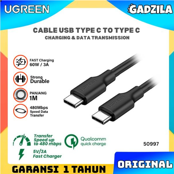 UGREEN Kabel Charger Type C To Type C PD 60W Cable Data Fast Charging Untuk Samsung S21 S22 Note 10 Plus Ultra Laptop Macbook Pro 2016 iPad Air Pro 50997